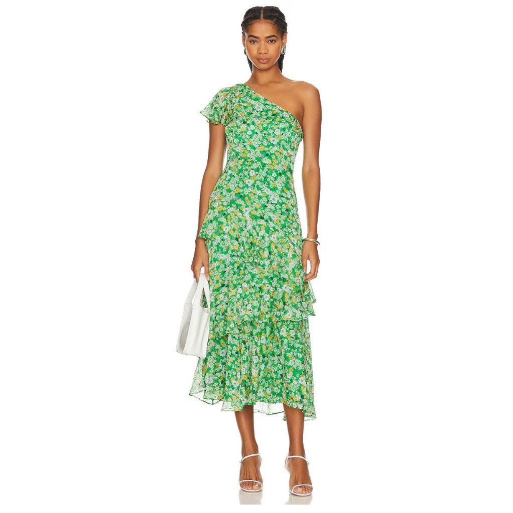 Astr The Label Victoriana Dress Green Floral One Shoulder Size Xs $138 [Jb]